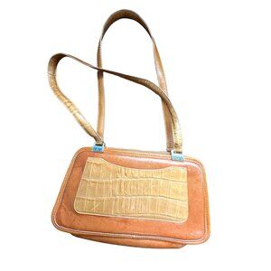 Brighton Tan Leather Shoulder Bag With Croc-Embossed Accent & Silver Hardware
